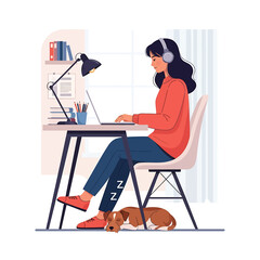 A young woman with headphones works on a laptop at her desk while her dog sleeps peacefully underneath.