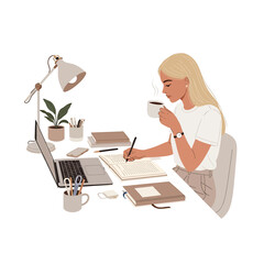 Illustration of a blonde woman sitting at a desk, drinking coffee and writing in a notebook while working on a laptop.