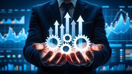 Process improvement and productivity growth concept. A businessman holds gears and upward arrows, symbolizing process optimization, productivity growth, efficient processes, and business efficiency.