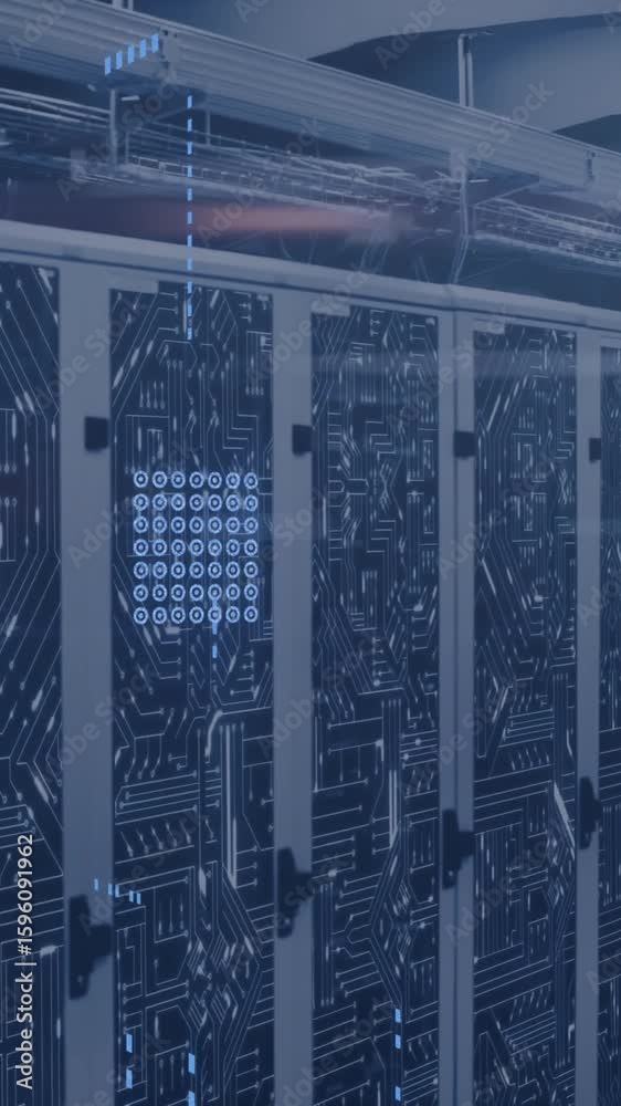 Poster animation of circuit board and data processing over computer servers