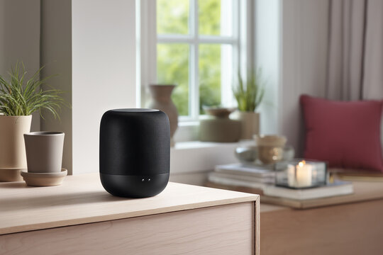 Living Black Wireless Speaker on Minimalist Room Shelf