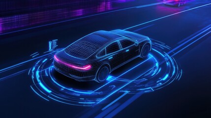 Wireframe Autonomous Car with Digital Radar Detection in Futuristic Highway.