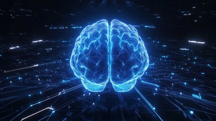 Front View of Glowing Digital Brain on Neural Network Background.