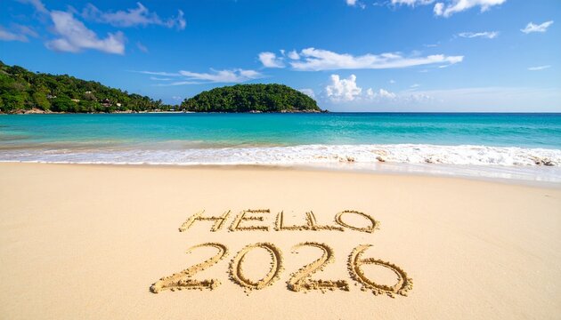 -hello 2026- text written in the sand on a tropical beach, for a warm weather new yea .