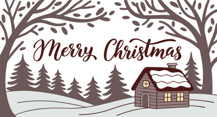 Merry Christmas Winter Cabin Scene:  Hand-drawn Style, Cozy and Festive Holiday Greeting Card Illustration