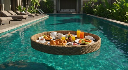 A luxurious floating breakfast served in a tranquil swimming pool at a tropical resort hotel on a sunny morning.