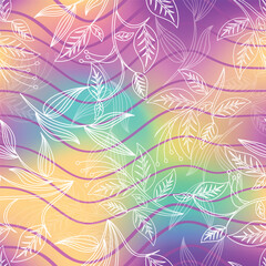 Outline floral seamless pattern leaves with colorful abstract background 
