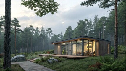 Tranquil Modern Cabin Retreat in a Misty Forest