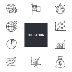 Education line icon set global learning data analytics business finance