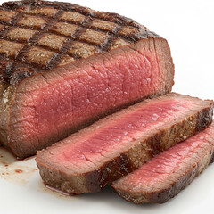 Perfectly Cooked Medium-Rare Sirloin Steak Macro Shot on White, High Detail, 8k.