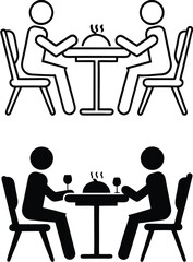Dinner Icons. Black and White Vector Icons. Two People Eating Hot Dish and Drinking Wine. People Sitting at Table in Diner. Restaurant Concept
