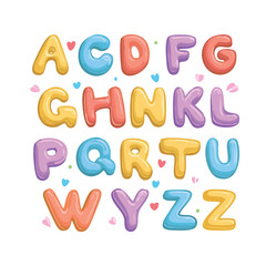 Colorful, bubbly alphabet letters arranged on a white background, with decorative hearts.