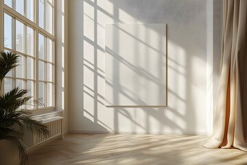 Sunlit Interior with Beige Curtains and a Blank Canvas