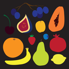 Vector fruits icon set isolated on black background