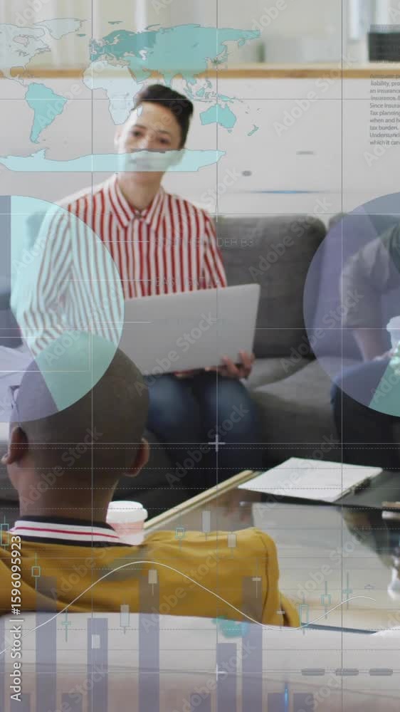 Poster animation of data processing and diagrams over diverse colleagues discussing work