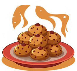 A plate full of freshly baked chocolate chip cookies with steam rising and a festive background icon
