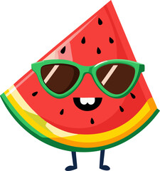 watermelon wedge with sunglasses and smile, bright and fun style.
