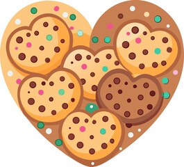 A variety of chocolate chip cookies arranged in a heart shape with colorful sprinkles around icon