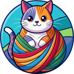 Cute cat sitting inside a colorful yarn ball.