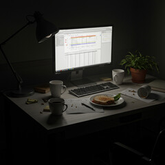 Night Office Isolation: Dimly Lit Workspace with Forgotten Work, Isolated on White.