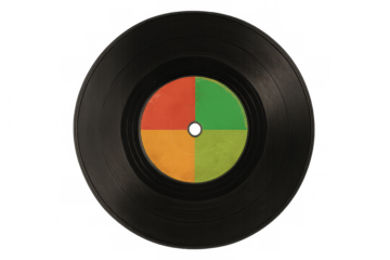 Close-up of a vintage vinyl record with a multicolored label, isolated on a transparent background, representing music and nostalgia