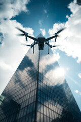 Looking up at a drone flying just above a tall, modern skyscraper