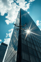 Looking up at a drone flying just above a tall, modern skyscraper