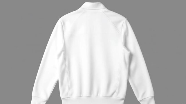 A white zipped jacket is displayed against a gray backdrop showcasing its full rear view