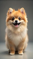 Obraz premium A happy pomeranian puppy sits attentively, looking forward with a wide smile and its tongue out