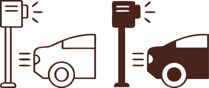 Speed ​​Camera Icons. Black and White Vector Icons. Speed ​​Camera On and Fast Moving Car. Road Safety Camera. Road Concept
