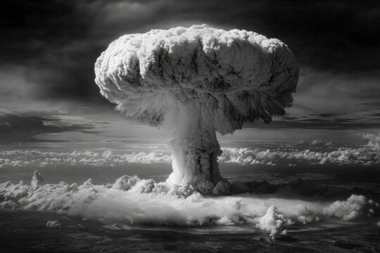 The haunting black and white image of a mushroom cloud rising from an atomic bomb test, symbolizing the destructive power and intensity for Hiroshima Day.
