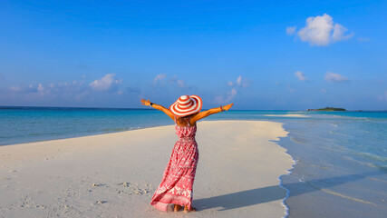 Happy moment freedom lifestyle Relaxation as fresh of summer with young woman in yellow dress  on...
