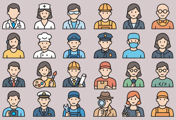 A Set of Color Line Icons of People Avatars Representing Various Professions and Occupations