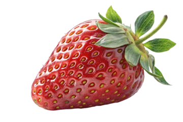 Fresh ripe strawberry with red skin and green leafy top showing detailed surface texture, isolated on a transparent background
