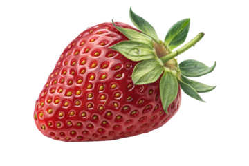 Fresh red strawberry with seeds and green leafy crown showing natural berry fruit details, isolated on a transparent background