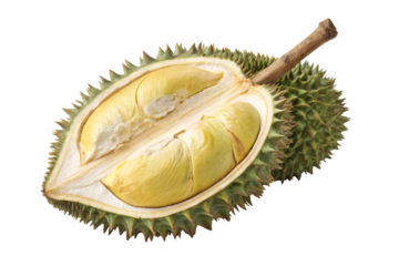 Open durian fruit showing multiple yellow flesh segments separated by natural divisions within spiky green shell, isolated on a transparent background