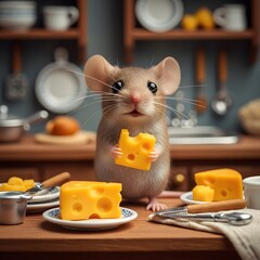 A cute mouse happily holds and enjoys a piece of delicious cheese in a kitchen setting.