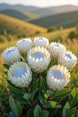 White protea flowers blooming on a green mountain slope. Perfect for eco campaigns, botanical prints, travel brochures, and floral branding.