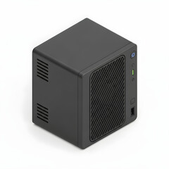 Obraz premium Compact black cube-shaped device, possibly a mini-computer or network appliance, shown from an isometric perspective on a white background.