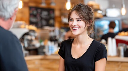 Warm barista-customer exchange at cozy celebrating community culture and friendliness