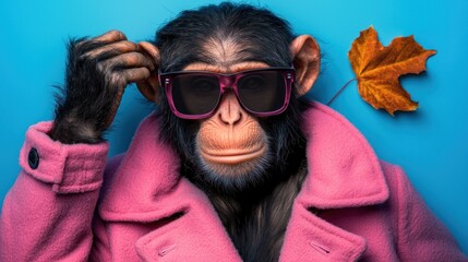 Stylish chimpanzee in pink coat and sunglasses against a vibrant blue backdrop