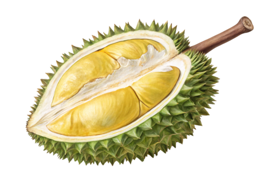 Whole durian fruit with spiky green exterior and wooden stem handle attached, isolated on a transparent background