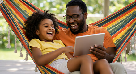 Happy father and daughter relaxing in a hammock, using a tablet together, enjoying quality time outdoors on a sunny day.