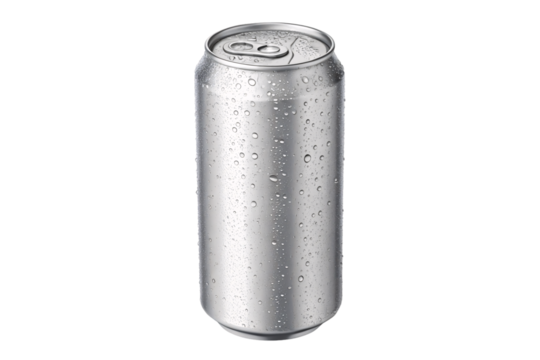 Generic aluminum beverage can with water droplets covering the silver metallic surface and pull tab, isolated on a transparent background
