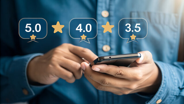 Person holding smartphone with rating stars and numbers showing customer feedback and satisfaction levels