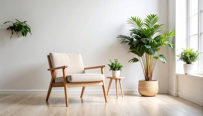 Bright minimalist room with a wooden armchair and multiple potted plants, conveying serene green living.