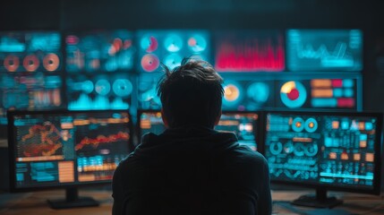 Data analysis session office digital screens tech environment back view insights generation