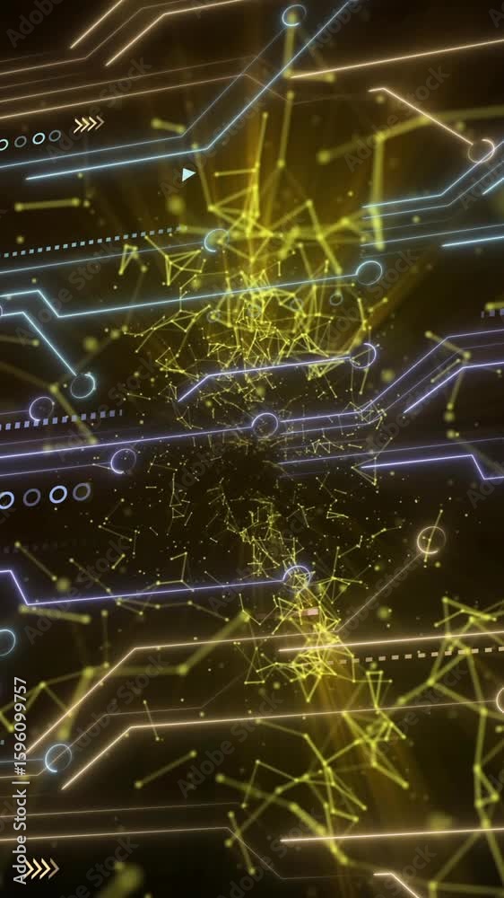 Poster animation of computer circuit board over network of connections on black background