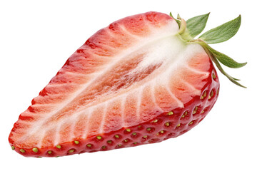 Fresh strawberry slice showing red flesh white center and green leafy top with visible seeds, isolated on transparent background