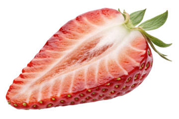 Fresh strawberry slice showing red flesh white center and green leafy top with visible seeds, isolated on transparent background